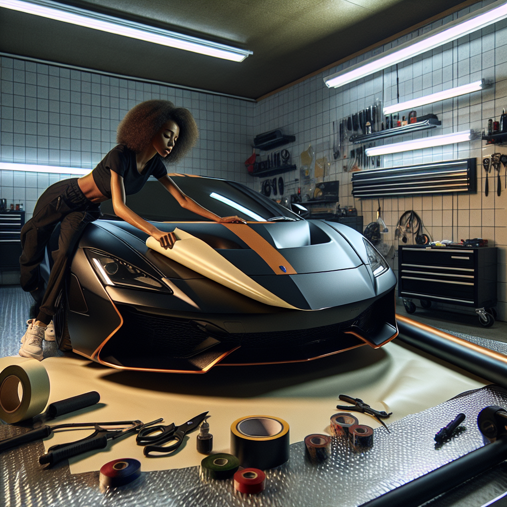 Vehicle wrapping process showing vinyl wrap installation