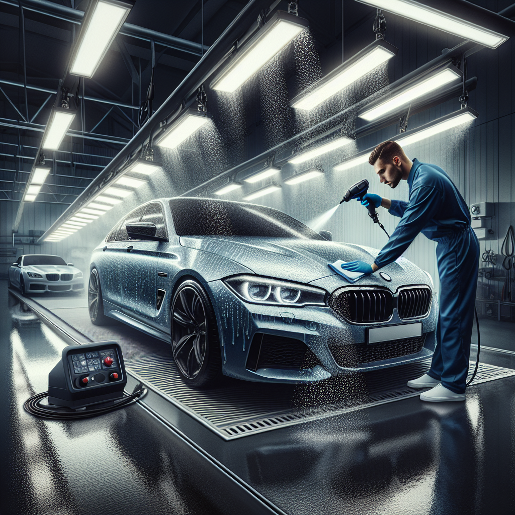 Ceramic coating application process on luxury vehicle with professional technician