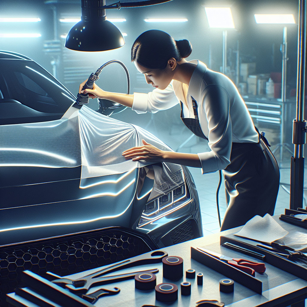 Paint protection film installation on premium vehicle with skilled technician